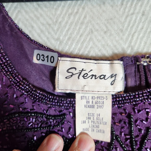 Vintage Stenay Plum Purple Glass Beaded 100% Silk Maxi Dress Womens Size 14 - Picture 3 of 15
